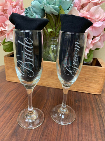 Bride and Groom Laser Engraved Champagne Glasses