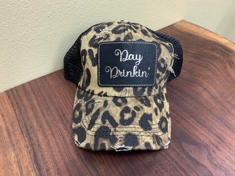 Leopard Day Drinkin Hat Black Patch with ponytail back