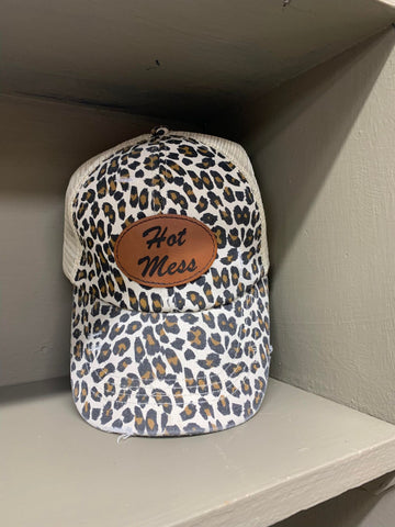 Leopard Hot Mess Hat with ponytail back