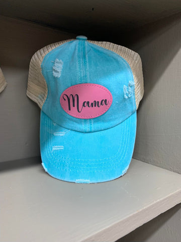Turquoise Mama Distressed Hat with ponytail back