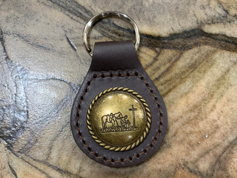 Leather Keychain with Gold Praying Cowboy Concho